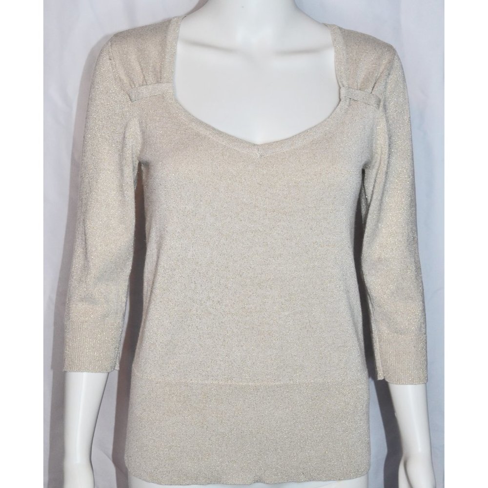 WHITE HOUSE BLACK MARKET Gold Metallic V-Neck 3/4 Sleeve Sweater Size M